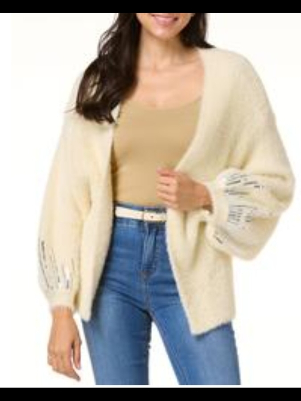 Cato Cream Open-Front Balloon Sleeve Cardigan Silver Bling